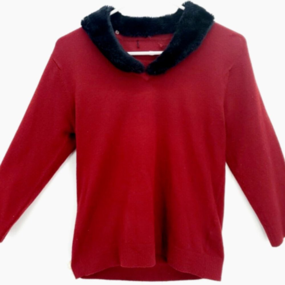 Red Wool Sweater M Vintage Knit Pullover V Neck Detachable Faux Fur Collar Women